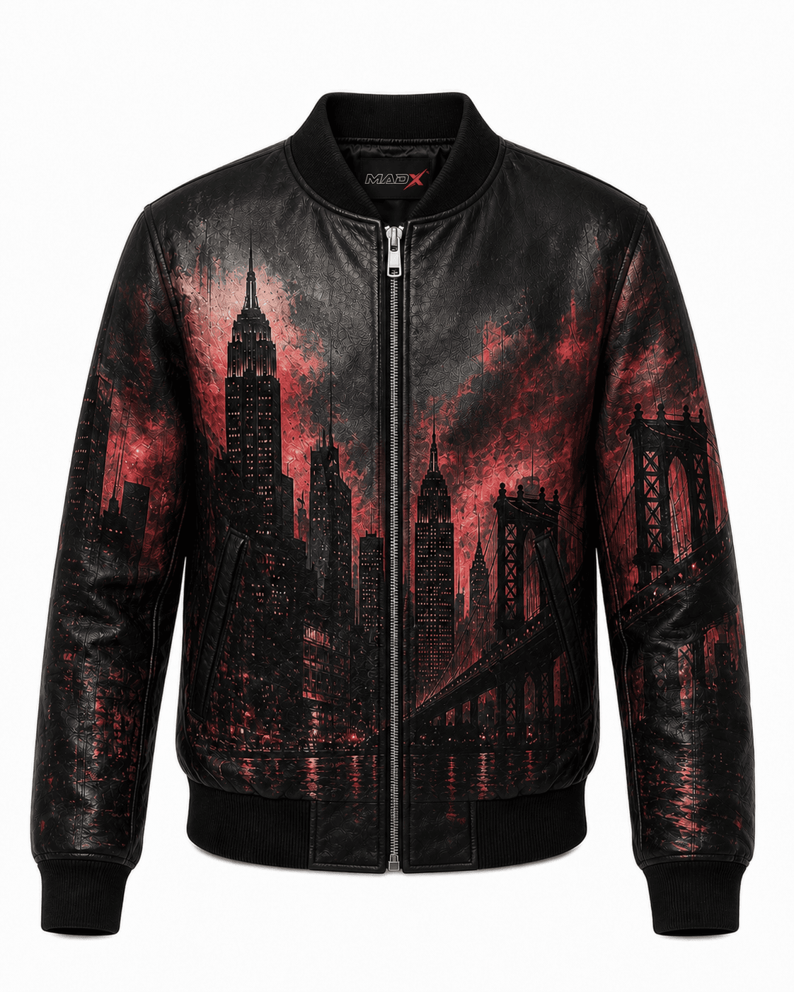 New York Nights Graphic Leather Bomber Jacket