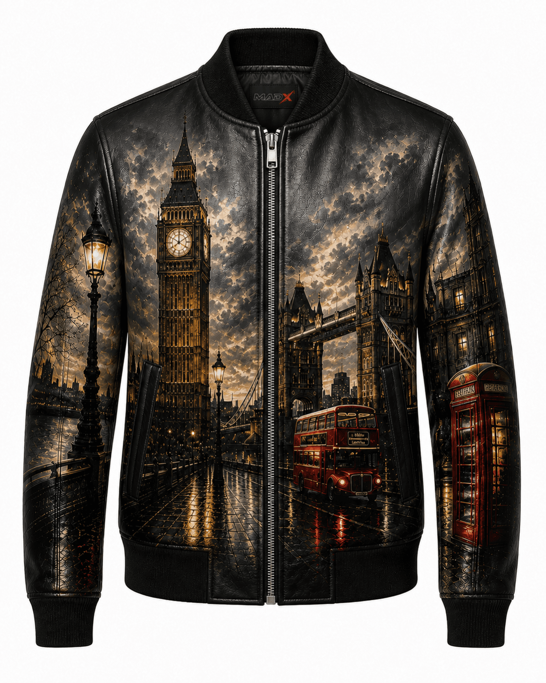 London After Dark Graphic Leather Bomber Jacket